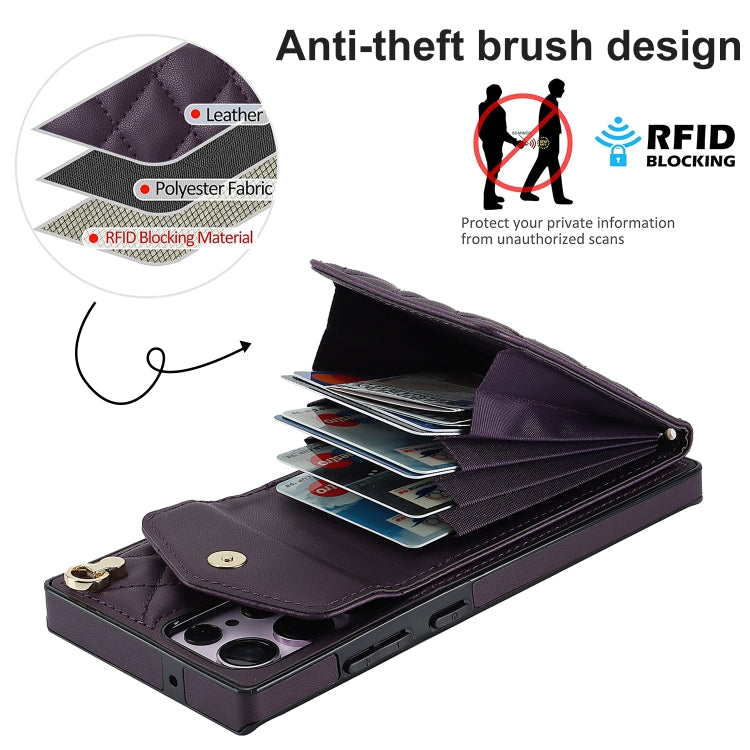 For Samsung Galaxy S23 Ultra 5G Rhombic Texture Card Bag Phone Case with Long Lanyard(Dark Purple) - free shipping - PMC TechLife - Order now!