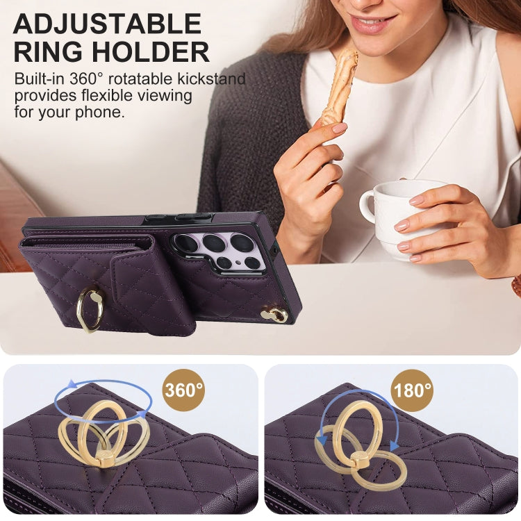 For Samsung Galaxy S23 Ultra 5G Rhombic Texture Card Bag Phone Case with Long Lanyard(Dark Purple) - free shipping - PMC TechLife - Order now!