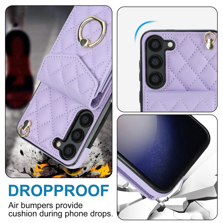 For Samsung Galaxy S23+ 5G Rhombic Texture Card Bag Phone Case with Long Lanyard(Light Purple) - free shipping - PMC TechLife - Order now!