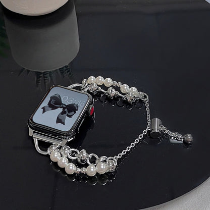 For Apple Watch SE 40mm Pearl Bracelet Metal Watch Band(Silver Black) - Watch Bands by PMC Jewellery | Online Shopping South Africa | PMC Jewellery