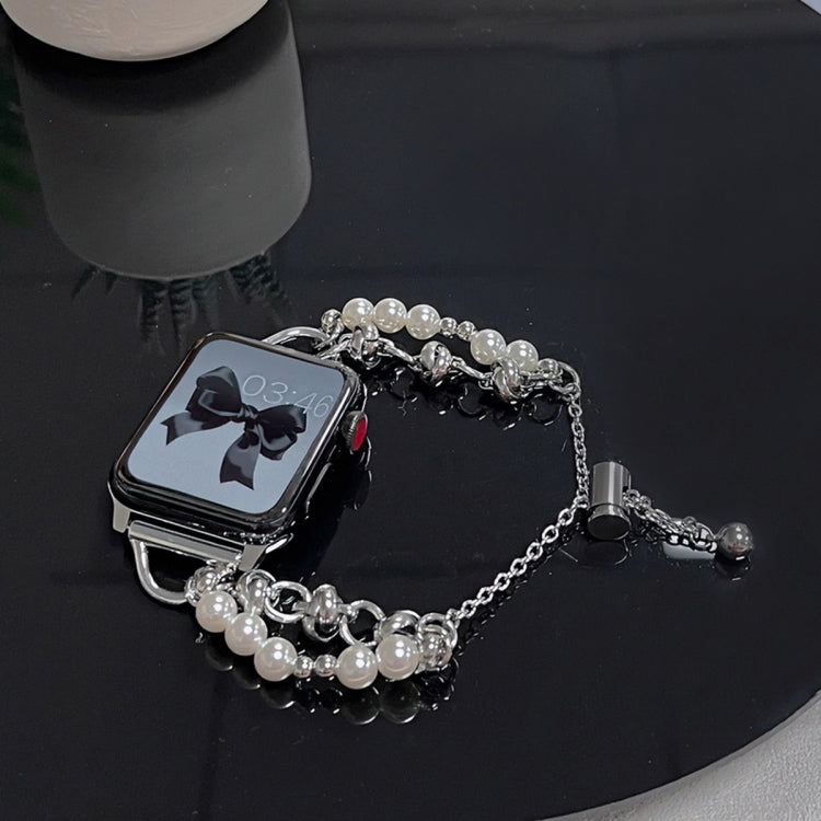 For Apple Watch Series 9 45mm Pearl Bracelet Metal Watch Band(Silver Black) - Watch Bands by PMC TechLife | Online Shopping South Africa | PMC TechLife