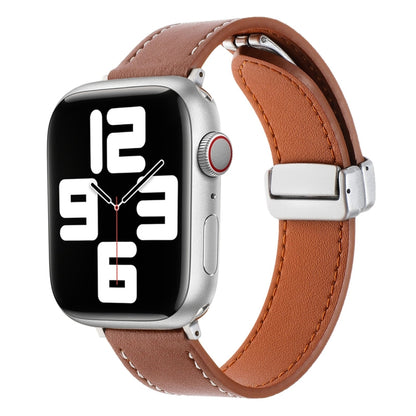 For Apple Watch 8 45mm  Magnetic Buckle Skin Feel Leather Watch Band(Brown) - Watch Bands by PMC Jewellery | Online Shopping South Africa | PMC Jewellery