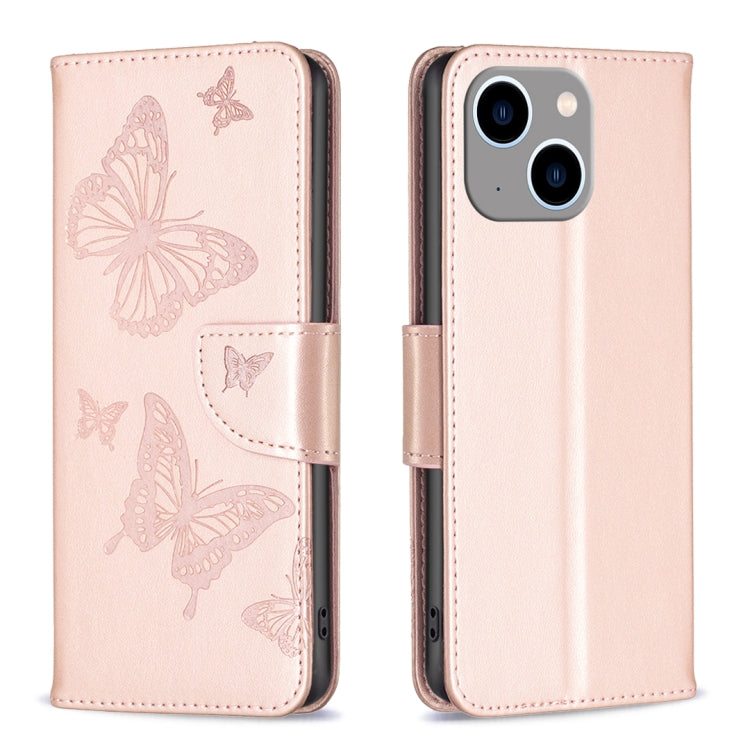 For iPhone 15 Plus Embossing Two Butterflies Pattern Leather Phone Case(Rose Gold) - free shipping - PMC TechLife - Order now!