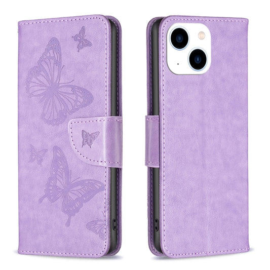 For iPhone 15 Embossing Two Butterflies Pattern Leather Phone Case(Purple) - iPhone 15 Cases by PMC Jewellery | Online Shopping South Africa | PMC Jewellery