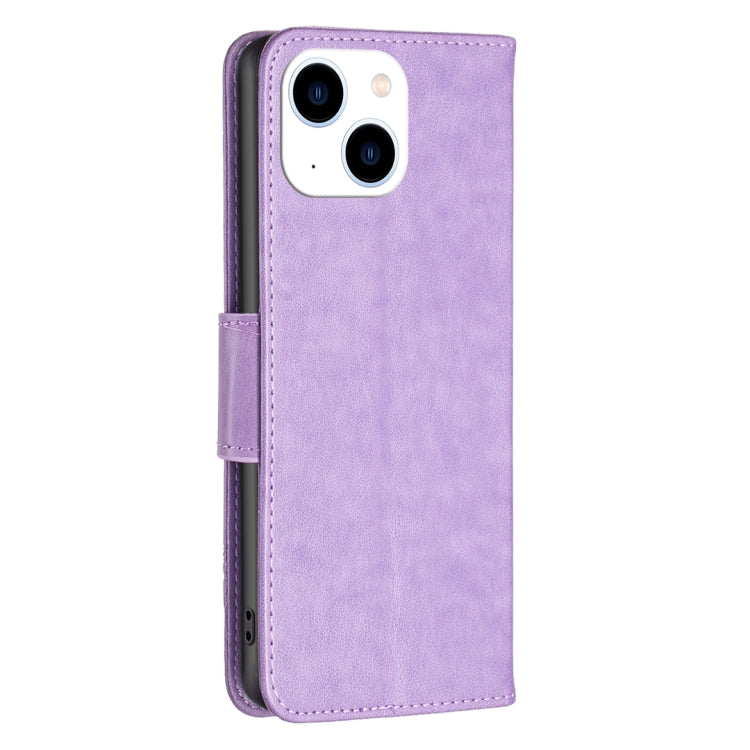 For iPhone 15 Embossing Two Butterflies Pattern Leather Phone Case(Purple) - iPhone 15 Cases by PMC Jewellery | Online Shopping South Africa | PMC Jewellery