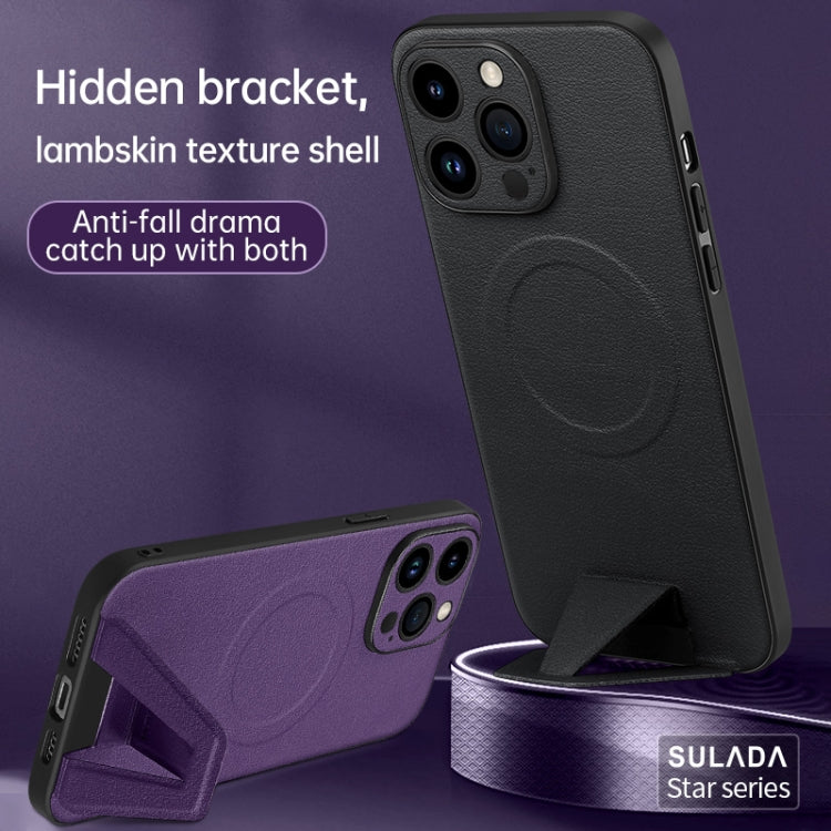 For iPhone 14 Plus SULADA Folding Holder Lambskin Texture MagSafe Phone Case(Black) - iPhone 14 Plus Cases by SULADA | Online Shopping South Africa | PMC Jewellery