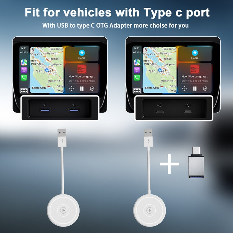 USB + USB-C / Type-C Wired to Wireless CarPlay Adapter for iPhone (Whi
