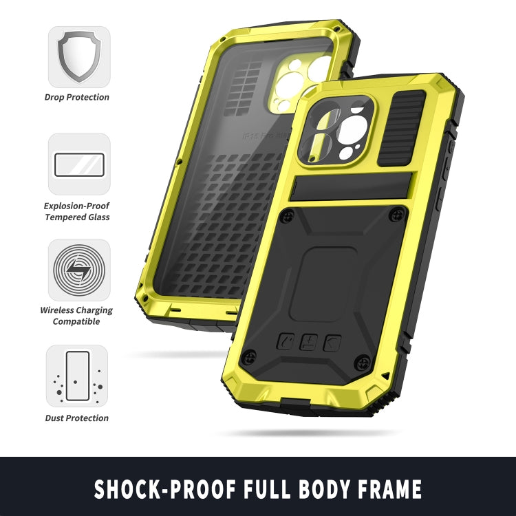 For iPhone 15 Pro Max R-JUST Shockproof Life Waterproof Dust-proof Metal + Silicone Phone Case with Holder(Yellow) - iPhone 15 Pro Max Cases by R-JUST | Online Shopping South Africa | PMC TechLife | Buy Now Pay Later Mobicred