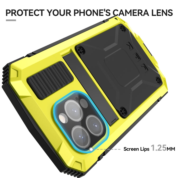 For iPhone 15 Pro R-JUST Shockproof Life Waterproof Dust-proof Metal + Silicone Phone Case with Holder(Yellow) - iPhone 15 Pro Cases by R-JUST | Online Shopping South Africa | PMC TechLife | Buy Now Pay Later Mobicred