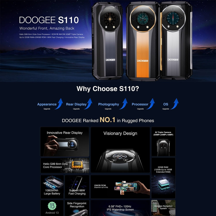 [HK Warehouse] DOOGEE S110, 12GB+256GB, IP68/IP69K/MIL-STD-810H, 6.58 inch Android 13 MediaTek MT6789 Helio G99 Octa Core, Network: 4G, OTG(Gold) - DOOGEE by DOOGEE | Online Shopping South Africa | PMC Jewellery