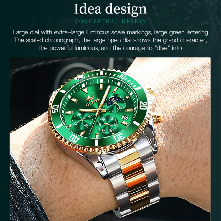 OLEVS 2870 Men Multifunctional Chronograph Three Eyes Waterproof Quartz Watch(Green + Gold) - Metal Strap Watches by OLEVS | Online Shopping South Africa | PMC Jewellery