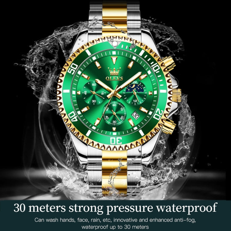 OLEVS 2870 Men Multifunctional Chronograph Three Eyes Waterproof Quartz Watch(Green + Gold) - Metal Strap Watches by OLEVS | Online Shopping South Africa | PMC Jewellery