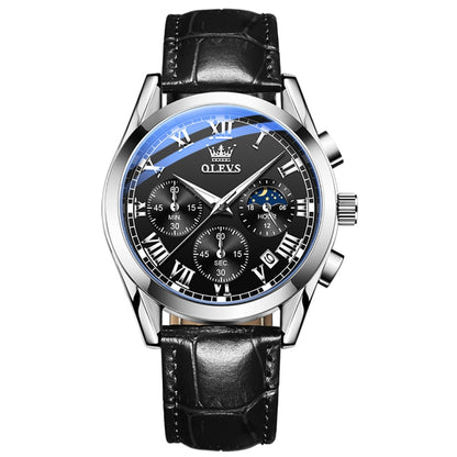 OLEVS 2871 Men Multifunctional Sports Chronograph Luminous Quartz Watch(Black + Silver) - Leather Strap Watches by OLEVS | Online Shopping South Africa | PMC Jewellery