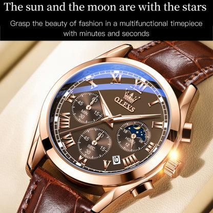 OLEVS 2871 Men Multifunctional Sports Chronograph Luminous Quartz Watch(Coffee + Rose Gold) - Leather Strap Watches by OLEVS | Online Shopping South Africa | PMC Jewellery