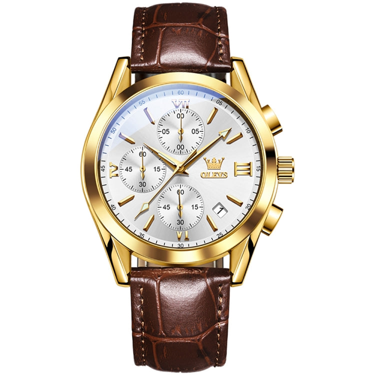 OLEVS 2872 Men Three Eyes Six Needles Chronograph Waterproof Quartz Watch(White + Gold) - Leather Strap Watches by OLEVS | Online Shopping South Africa | PMC Jewellery