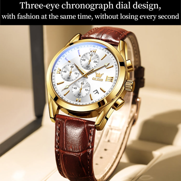 OLEVS 2872 Men Three Eyes Six Needles Chronograph Waterproof Quartz Watch(White + Gold) - Leather Strap Watches by OLEVS | Online Shopping South Africa | PMC Jewellery