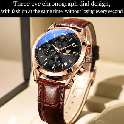 OLEVS 2872 Men Three Eyes Six Needles Chronograph Waterproof Quartz Watch(Black + Rose Gold) - Leather Strap Watches by OLEVS | Online Shopping South Africa | PMC Jewellery