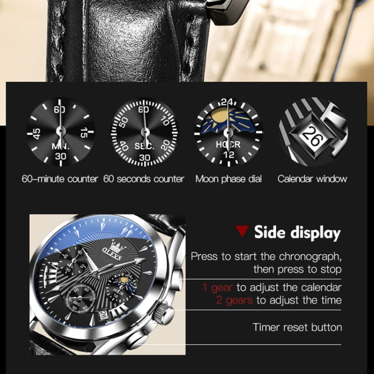 OLEVS 2876 Men Multifunctional Sports Chronograph Quartz Watch(Black) - Leather Strap Watches by OLEVS | Online Shopping South Africa | PMC Jewellery