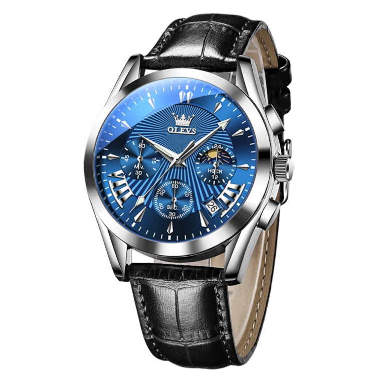 OLEVS 2876 Men Multifunctional Sports Chronograph Quartz Watch(Blue) - Leather Strap Watches by OLEVS | Online Shopping South Africa | PMC Jewellery