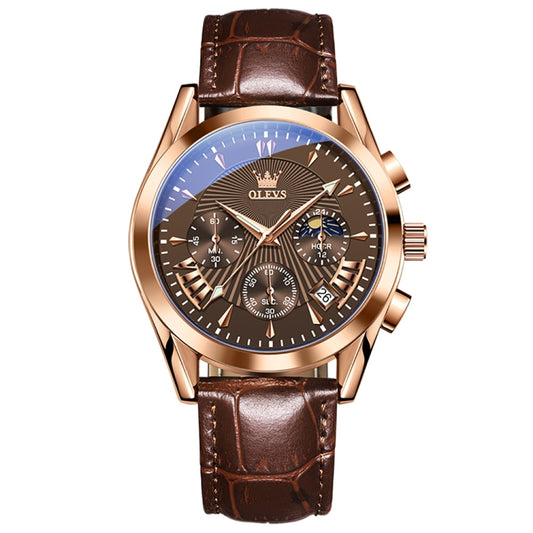 OLEVS 2876 Men Multifunctional Sports Chronograph Quartz Watch(Coffee + Rose Gold) - Leather Strap Watches by OLEVS | Online Shopping South Africa | PMC Jewellery