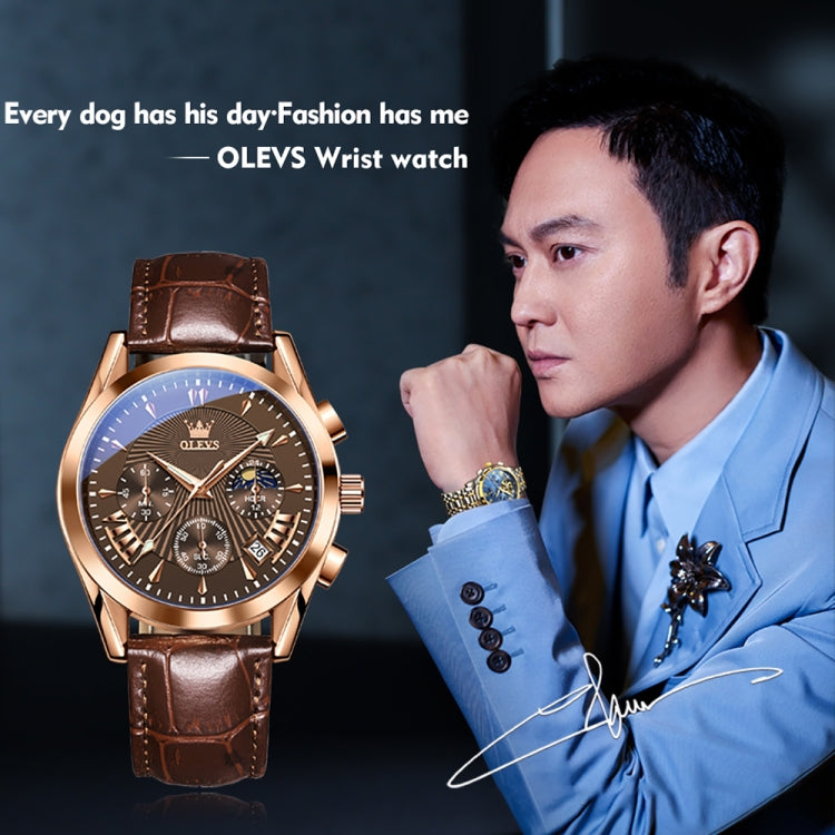 OLEVS 2876 Men Multifunctional Sports Chronograph Quartz Watch(Coffee + Rose Gold) - Leather Strap Watches by OLEVS | Online Shopping South Africa | PMC Jewellery