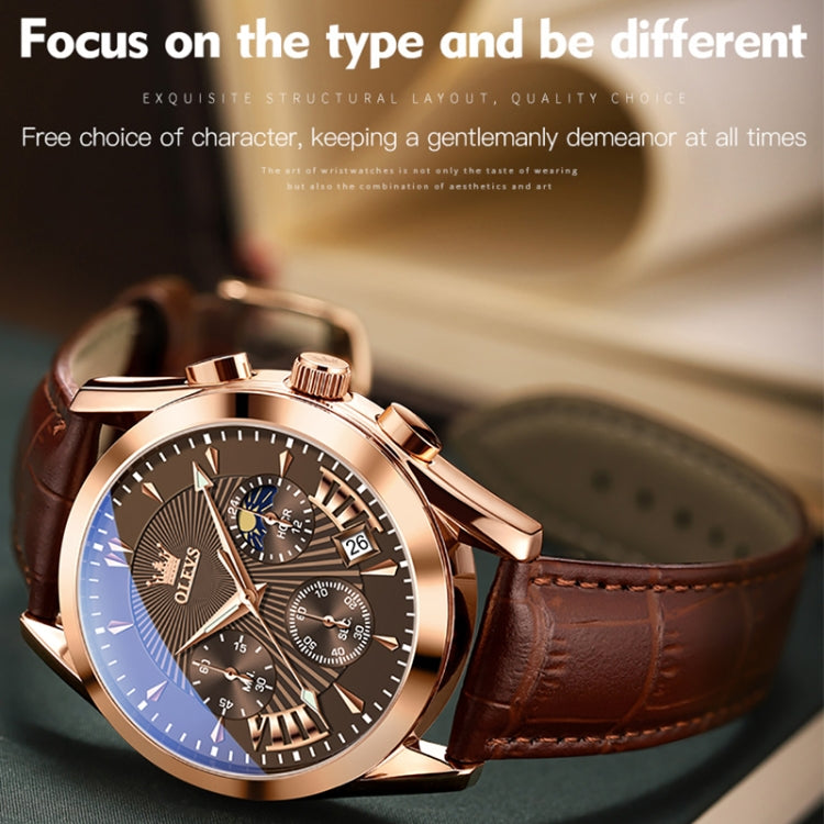 OLEVS 2876 Men Multifunctional Sports Chronograph Quartz Watch(Coffee + Rose Gold) - Leather Strap Watches by OLEVS | Online Shopping South Africa | PMC Jewellery