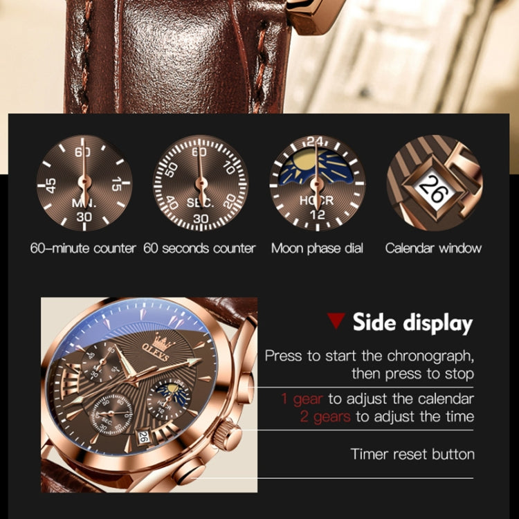 OLEVS 2876 Men Multifunctional Sports Chronograph Quartz Watch(Coffee + Rose Gold) - Leather Strap Watches by OLEVS | Online Shopping South Africa | PMC Jewellery