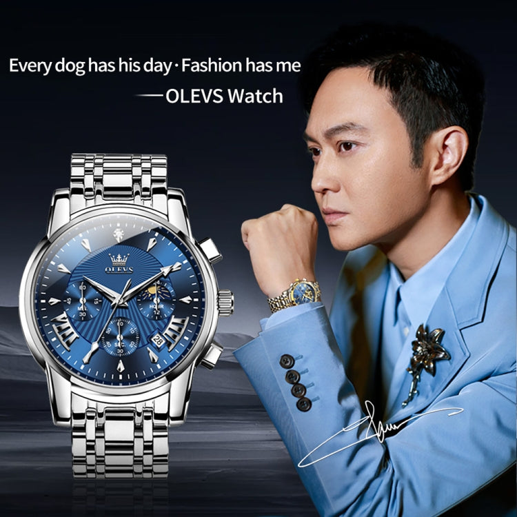 OLEVS 2892 Men Multifunctional Business Waterproof Quartz Watch(Blue + Silver) - Metal Strap Watches by OLEVS | Online Shopping South Africa | PMC Jewellery