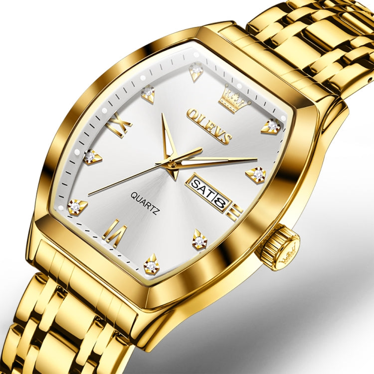 OLEVS 5528 Men Business Dual Calendar Wine Barrel Waterproof Quartz Watch(White + Gold) - Metal Strap Watches by OLEVS | Online Shopping South Africa | PMC Jewellery