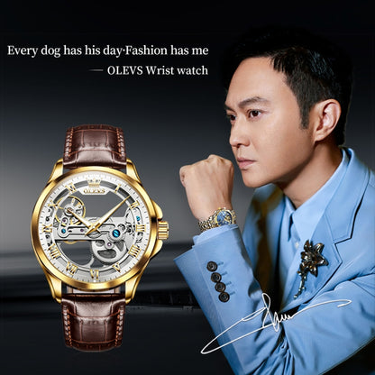 OLEVS 6661 Men Fashion Luminous Waterproof Mechanical Watch(White + Gold) - Leather Strap Watches by OLEVS | Online Shopping South Africa | PMC Jewellery