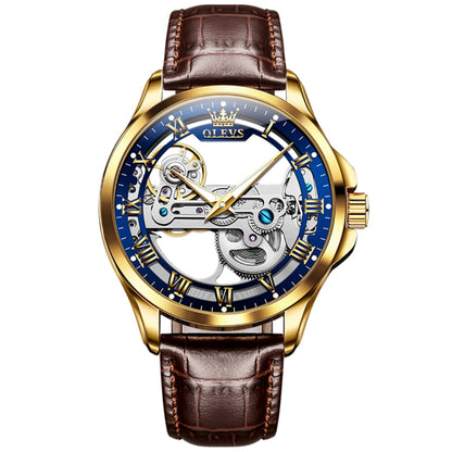 OLEVS 6661 Men Fashion Luminous Waterproof Mechanical Watch(Blue + Gold) - Leather Strap Watches by OLEVS | Online Shopping South Africa | PMC Jewellery