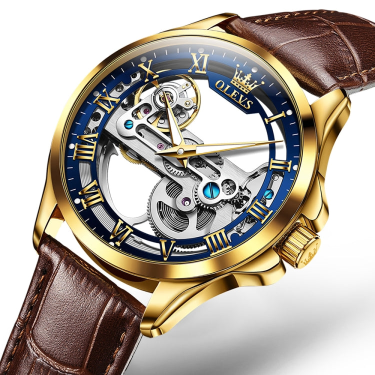 OLEVS 6661 Men Fashion Luminous Waterproof Mechanical Watch(Blue + Gold) - Leather Strap Watches by OLEVS | Online Shopping South Africa | PMC Jewellery
