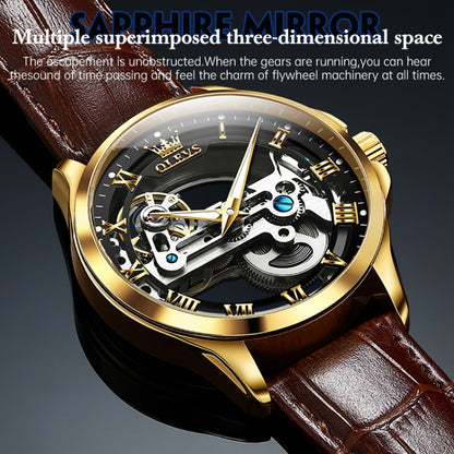 OLEVS 6661 Men Fashion Luminous Waterproof Mechanical Watch(Black + Gold) - Leather Strap Watches by OLEVS | Online Shopping South Africa | PMC Jewellery