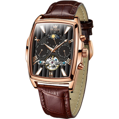 OLEVS 6675 Men Multifunctional Moon Phase Tourbillon Mechanical Watch(Black + Rose Gold) - Leather Strap Watches by OLEVS | Online Shopping South Africa | PMC Jewellery