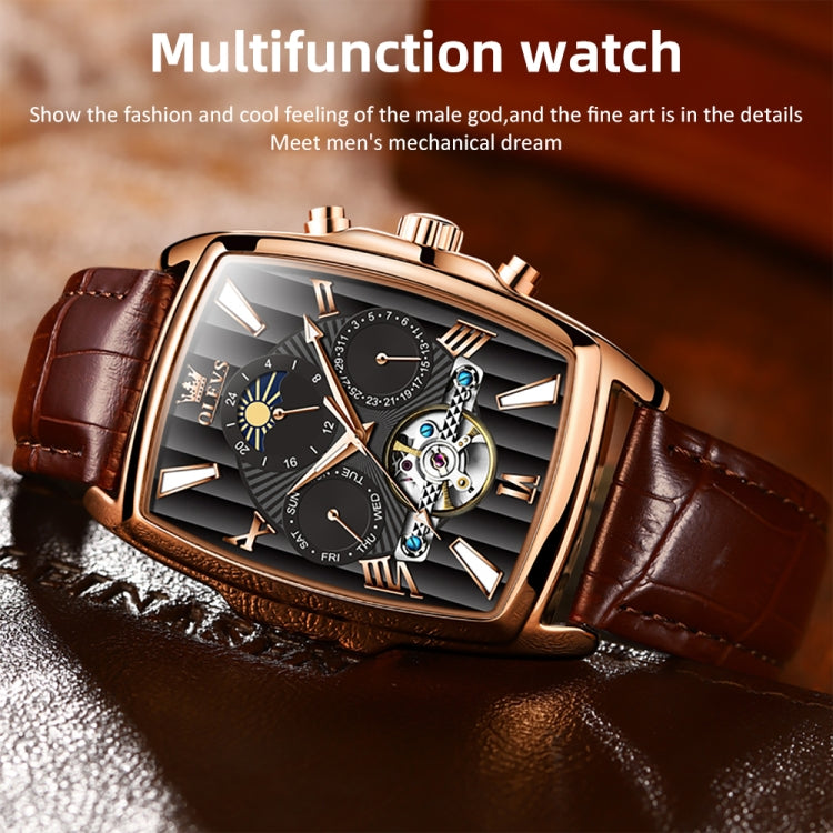 OLEVS 6675 Men Multifunctional Moon Phase Tourbillon Mechanical Watch(Black + Rose Gold) - Leather Strap Watches by OLEVS | Online Shopping South Africa | PMC Jewellery
