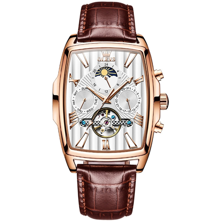 OLEVS 6675 Men Multifunctional Moon Phase Tourbillon Mechanical Watch(White + Rose Gold) - Leather Strap Watches by OLEVS | Online Shopping South Africa | PMC Jewellery