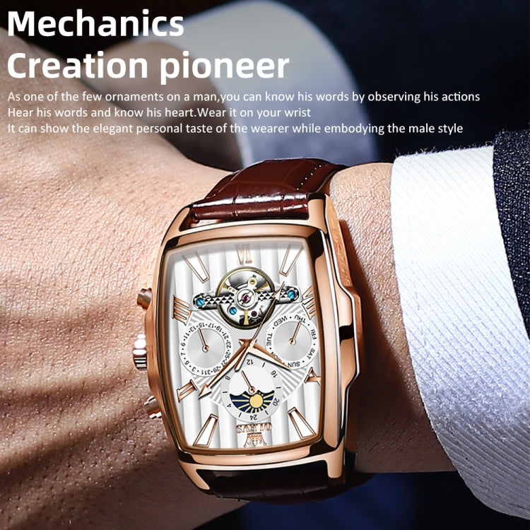 OLEVS 6675 Men Multifunctional Moon Phase Tourbillon Mechanical Watch(White + Rose Gold) - Leather Strap Watches by OLEVS | Online Shopping South Africa | PMC Jewellery