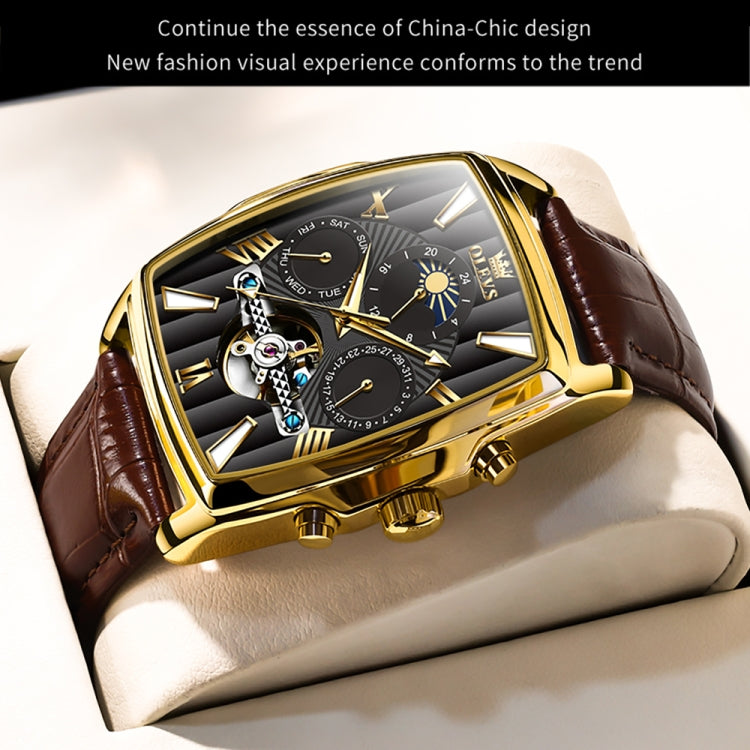 OLEVS 6675 Men Multifunctional Moon Phase Tourbillon Mechanical Watch(Black + Gold) - Leather Strap Watches by OLEVS | Online Shopping South Africa | PMC Jewellery
