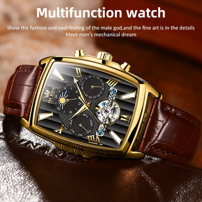OLEVS 6675 Men Multifunctional Moon Phase Tourbillon Mechanical Watch(Black + Gold) - Leather Strap Watches by OLEVS | Online Shopping South Africa | PMC Jewellery