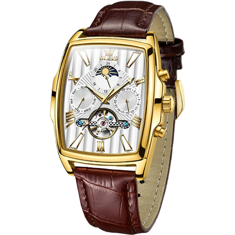 OLEVS 6675 Men Multifunctional Moon Phase Tourbillon Mechanical Watch(White + Gold) - Leather Strap Watches by OLEVS | Online Shopping South Africa | PMC Jewellery