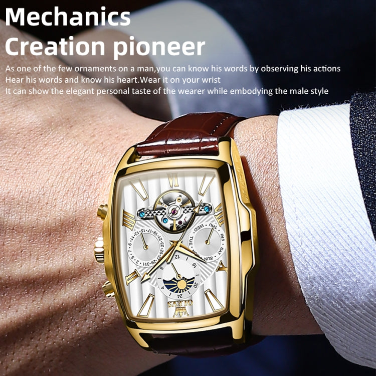 OLEVS 6675 Men Multifunctional Moon Phase Tourbillon Mechanical Watch(White + Gold) - Leather Strap Watches by OLEVS | Online Shopping South Africa | PMC Jewellery