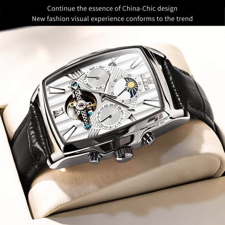 OLEVS 6675 Men Multifunctional Moon Phase Tourbillon Mechanical Watch(White + Silver) - Leather Strap Watches by OLEVS | Online Shopping South Africa | PMC Jewellery