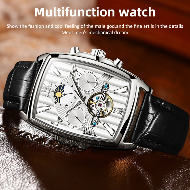 OLEVS 6675 Men Multifunctional Moon Phase Tourbillon Mechanical Watch(White + Silver) - Leather Strap Watches by OLEVS | Online Shopping South Africa | PMC Jewellery