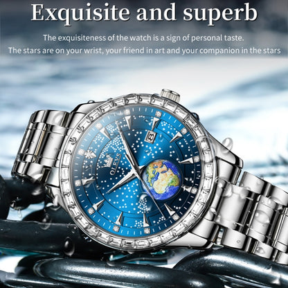 OLEVS 9967 Men Starry Sky Face Diamond Bezel Quartz Watch(Blue Steel Strap) - Leather Strap Watches by OLEVS | Online Shopping South Africa | PMC Jewellery