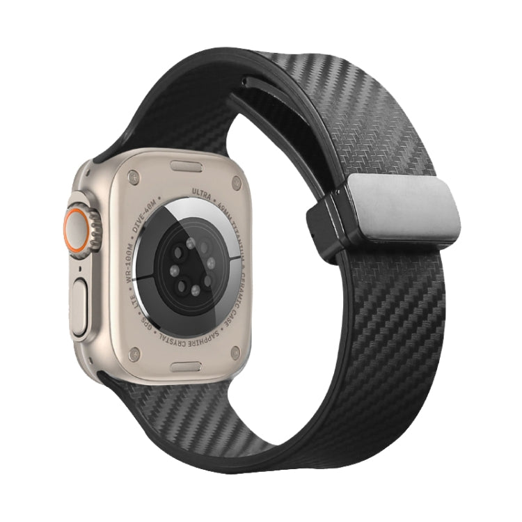 For Apple Watch SE 2022 44mm Carbon Fiber Pattern Magnetic Buckle Silicone Watch Band(Black) - Watch Bands by PMC TechLife | Online Shopping South Africa | PMC TechLife