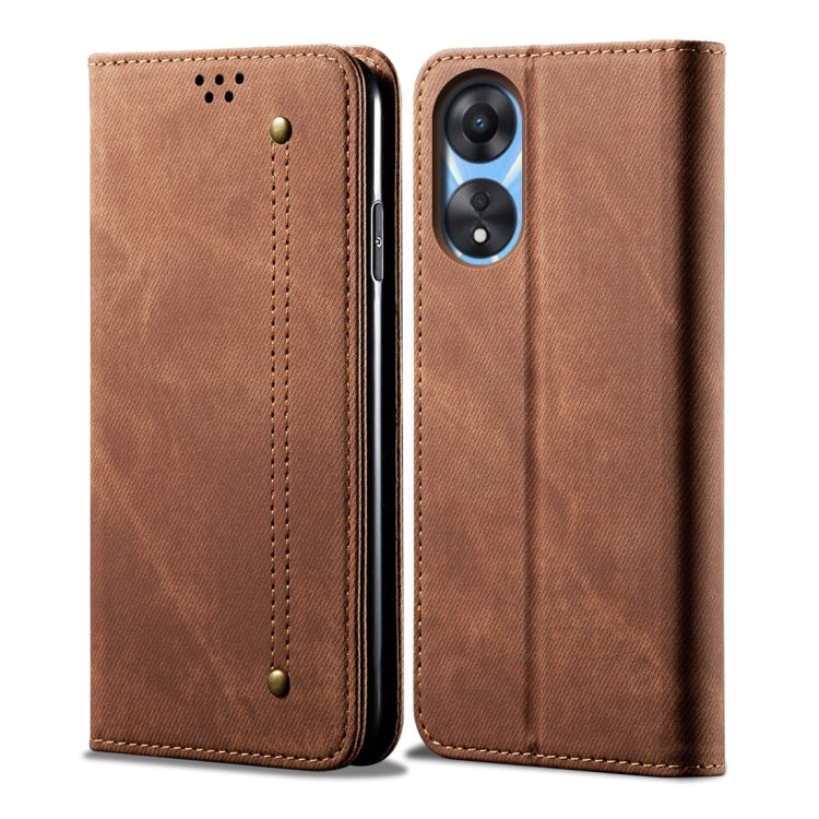 For OPPO A58 4G Denim Texture Casual Style Horizontal Flip Leather Case(Brown) - free shipping - PMC TechLife - Order now!