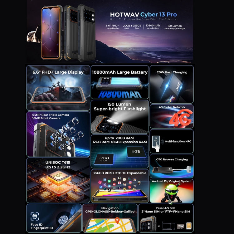 HOTWAV CYBER 13 Pro, 12GB+256GB, IP68/IP69K Rugged Phone, 10800mAh, 6.6 inch Android 13 UNISOC T619 Octa Core, Network: 4G, NFC, OTG(Orange) - free shipping - PMC TechLife - Order now!
