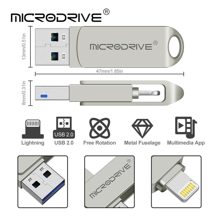 MicroDrive 2 In 1  8 Pin + USB 2.0 Portable Metal USB Flash Disk, Capacity:128GB(Silver) - free shipping - PMC TechLife - Order now!