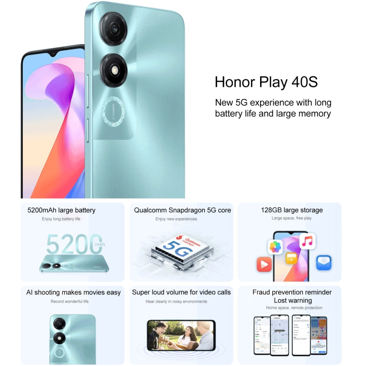 Honor Play 40S 5G, 4GB+128GB, 6.56 inch MagicOS 7.1 Snapdragon 480 Plus Octa Core up to 2.2GHz, Network: 5G, Not Support Google Play(Ink Jade Green) - free shipping - PMC TechLife - Order now!