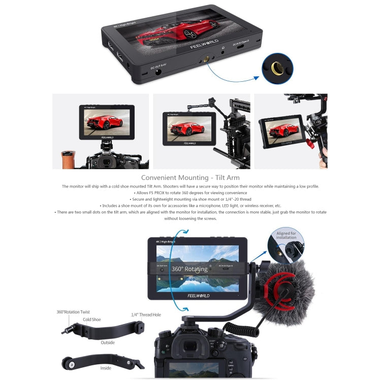 FEELWORLD F5 ProX 5.5 inch 1600nit High Bright Touch Screen DSLR Camera Field Monitor 4K HDMI F970 Install and Power Kit(Black) - free shipping - PMC TechLife - Order now!